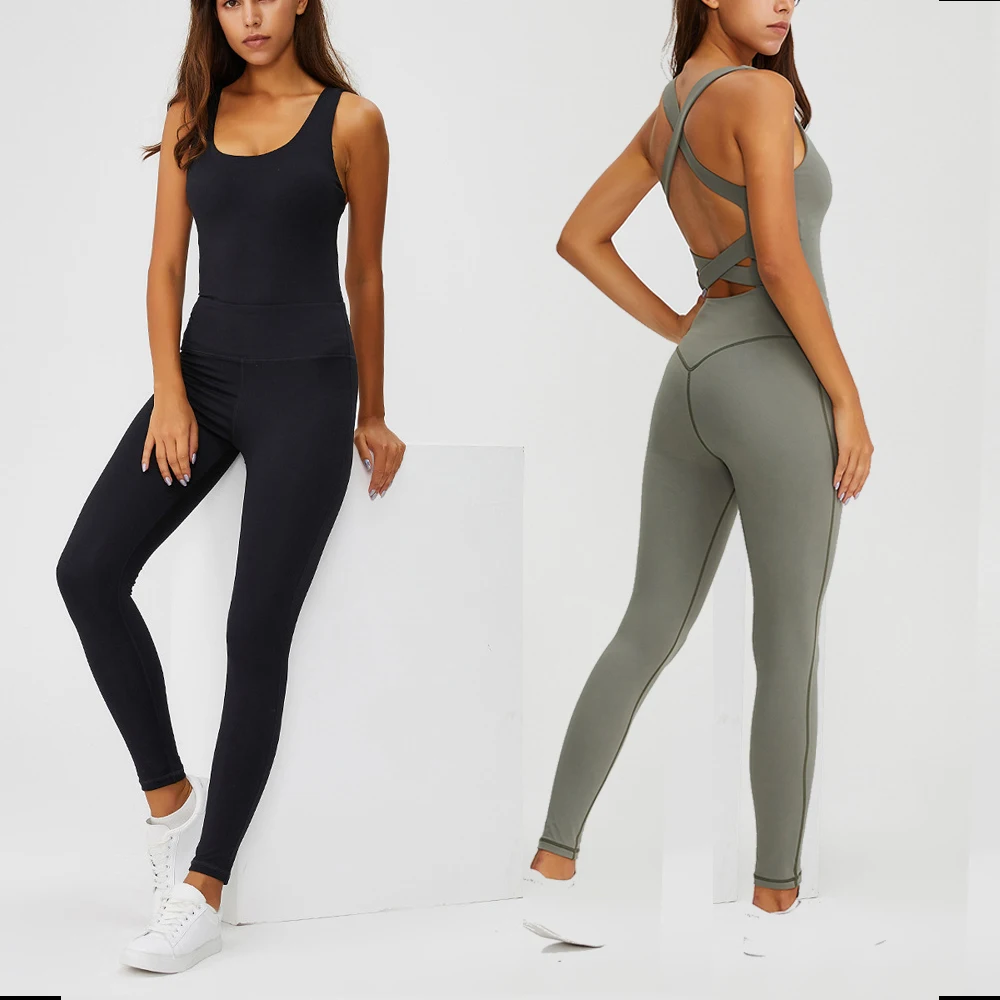 Wholesale Women  cross back LONG PANTS SLEEVELESS Rompers Jumpsuit custom printing ladies one piece spandex jumpsuit