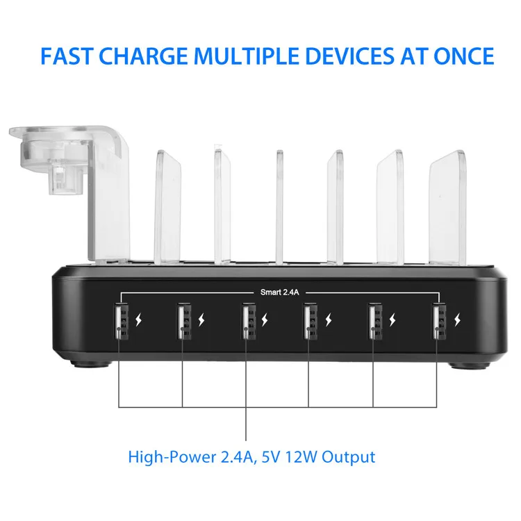Upgraded 12A 6 Port USB Phone Charging Station for Multiple Devices iPhone iPad Watch Airpods