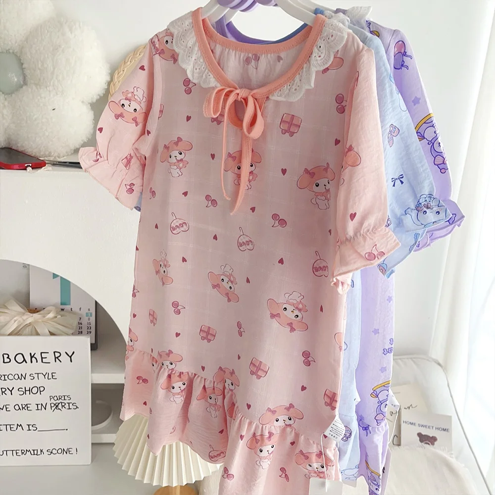 Kawaii пижама для девочек аниме Cinnamoroll Kuromi Melody летняя корейская детская одежда с мультяшным принтом кружевной воротник домашняя