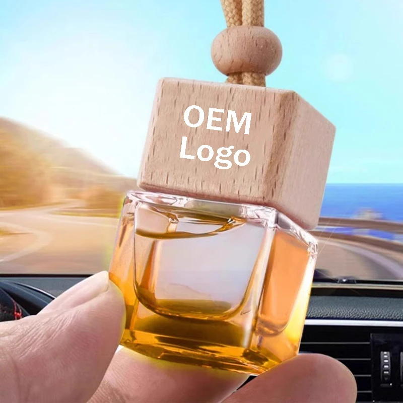 Custom wholesale Car Pendants Liquid Hanging Car Perfume wood Glass Bottle 8ml   Auto Fragrance Diffuser Car Air Freshener