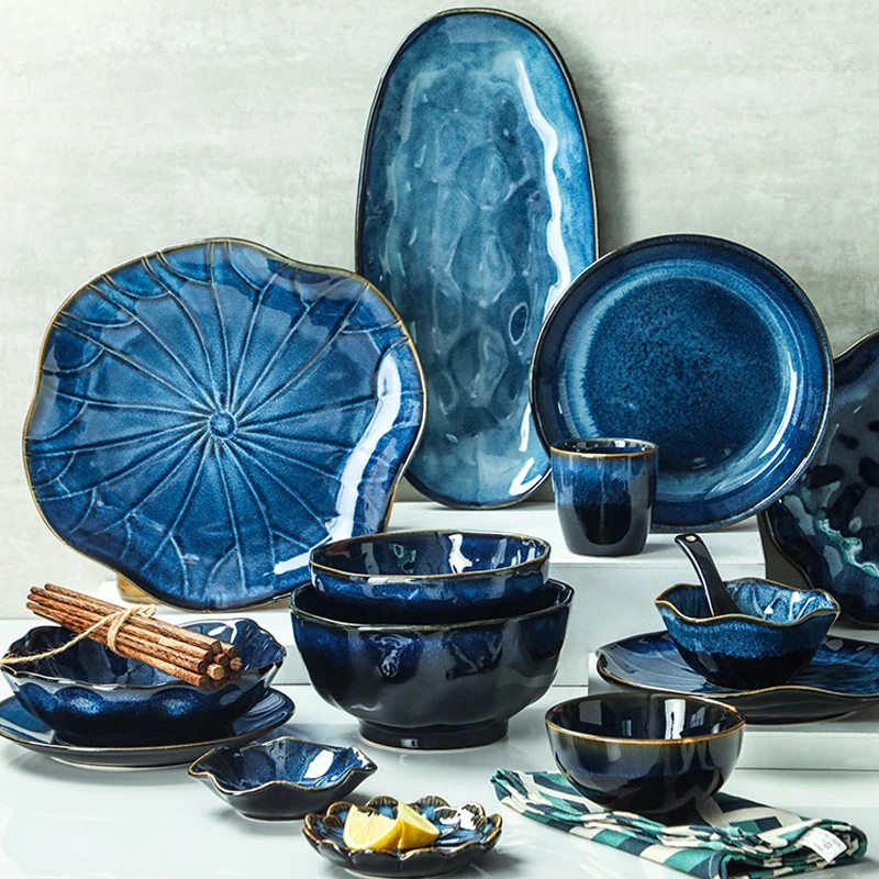 Ceramic Tableware Plates Sets Dinnerware Kiln Porcelain Plate Japanese Blue Glaze Ceramic Bowl For Home Hotel
