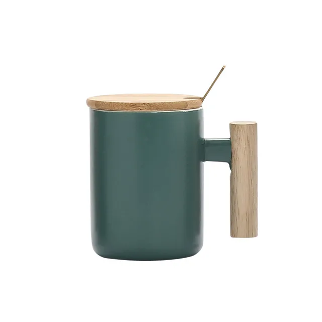 gift box porcelain coffee mug ceramic cup with wooden handle wooden lid and metal spoon capacity 400ml ceramic cup set