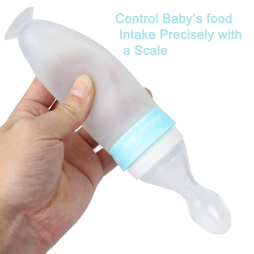 High Quality Babies Kids Squeeze Feeder Silicone Bottle Feeding Dispensing Spoon with Non-slip Sucker