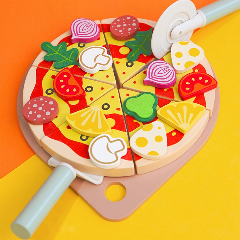 Wooden kids pretend play fruit vegetable cutting pizza toy wood simulation food  kitchen toys for Children cooking role play