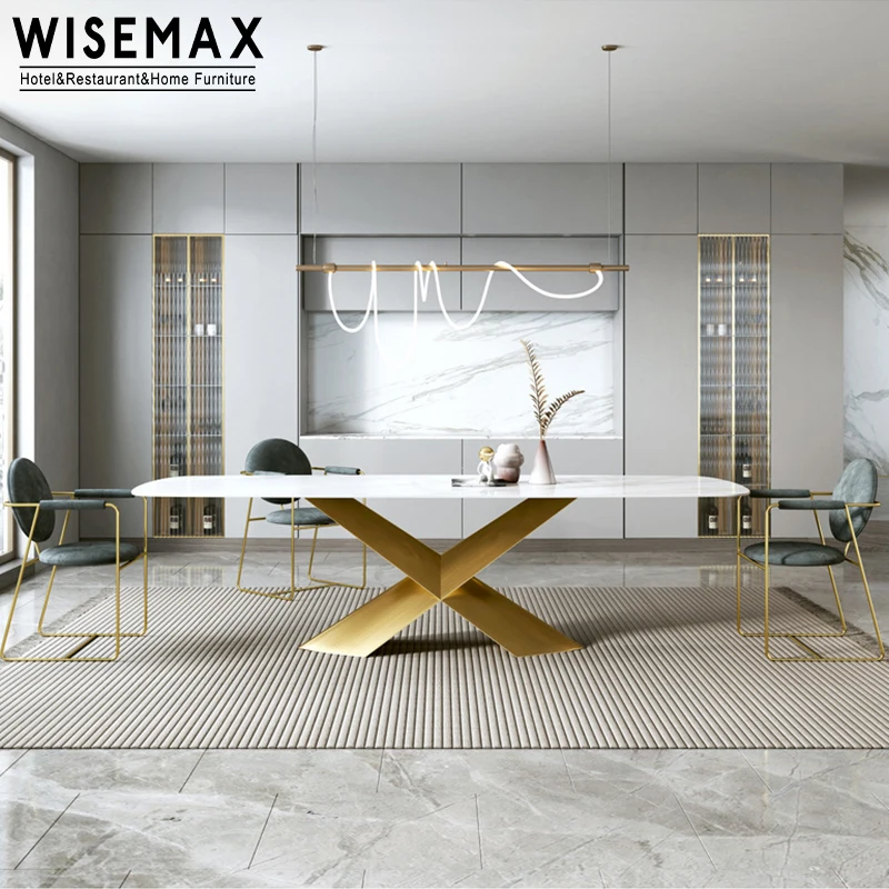 WISEMAX FURNITURE modern living room furniture light luxury slated board top with stainless steel X shape base dining table