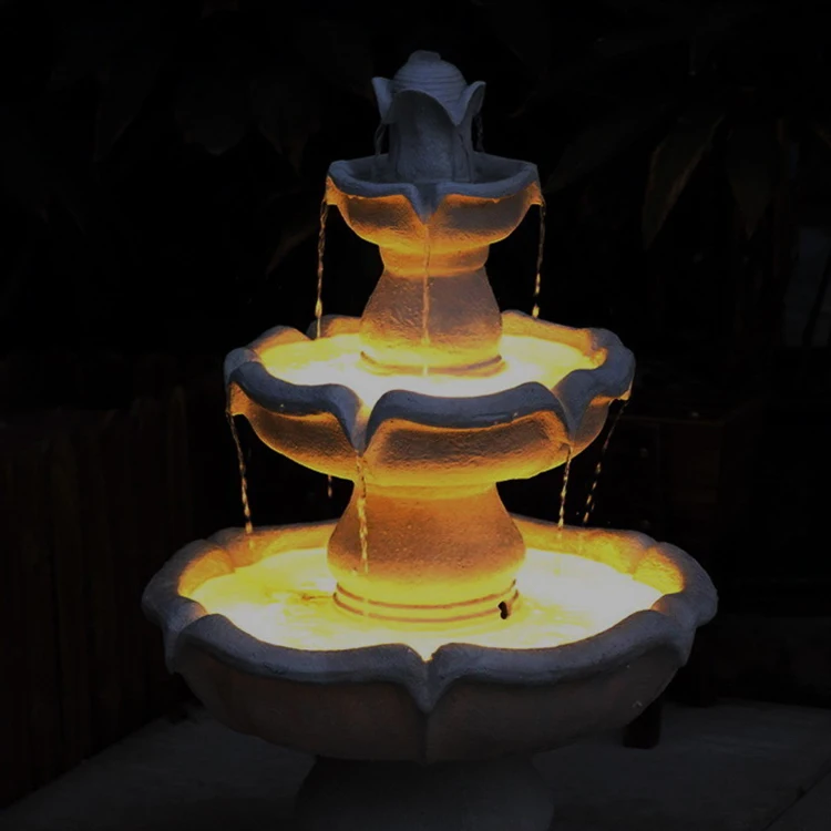 Newest Promotional Outdoor Fountain Feature 4 Tiers Resin Garden Decoration with Led Ropes Electrical Pump