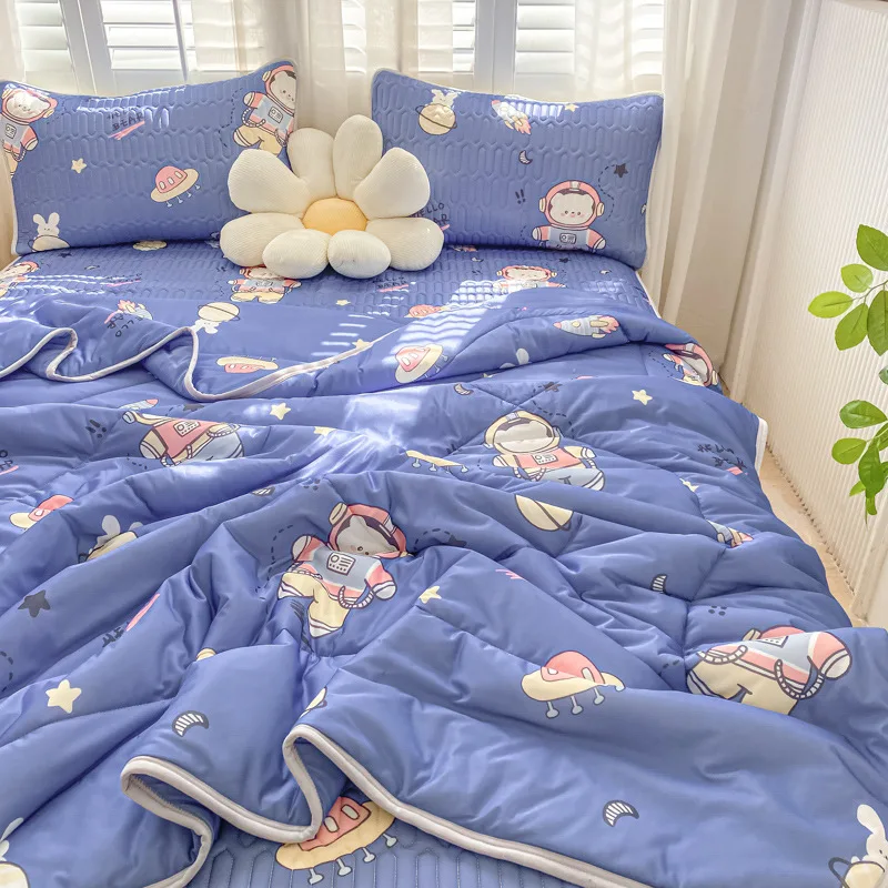 Wholesale summer cool silk washable print pattern bed mattress latex mat summer quilt bed sheet and pillowcase set