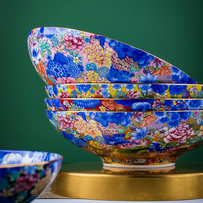 Doucai Wan Hua Series High-Grade Gold Imperial Porcelain 8-Inch Bamboo Hat Styled Steak Plate Ceramic Polished Bone