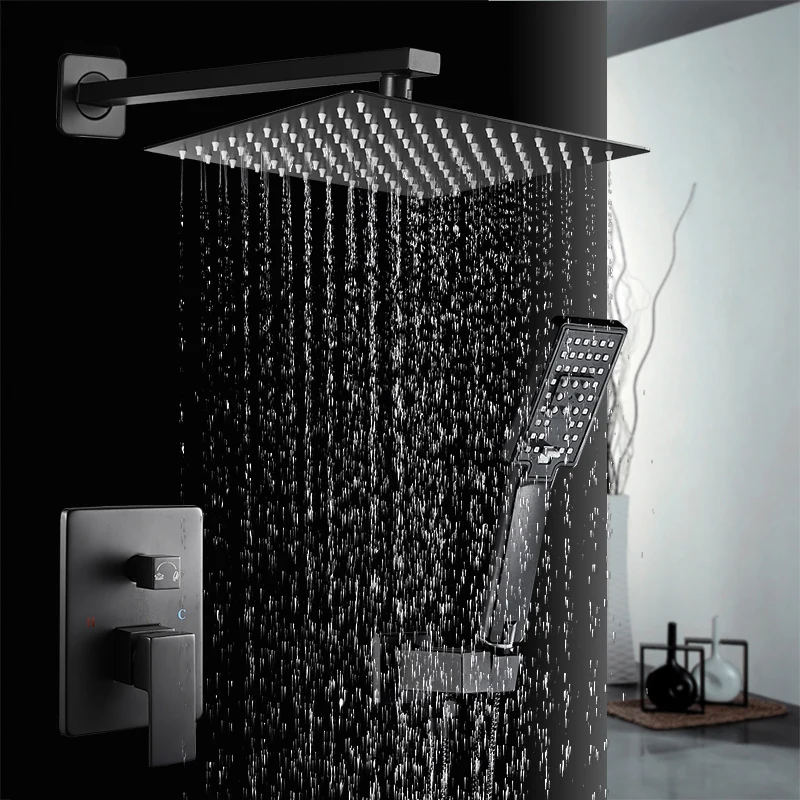 ROVATE Brass In-Wall Concealed Bathroom Shower Faucet 10 Inch Black Shower Rain Concealed Modern Design Shower Set