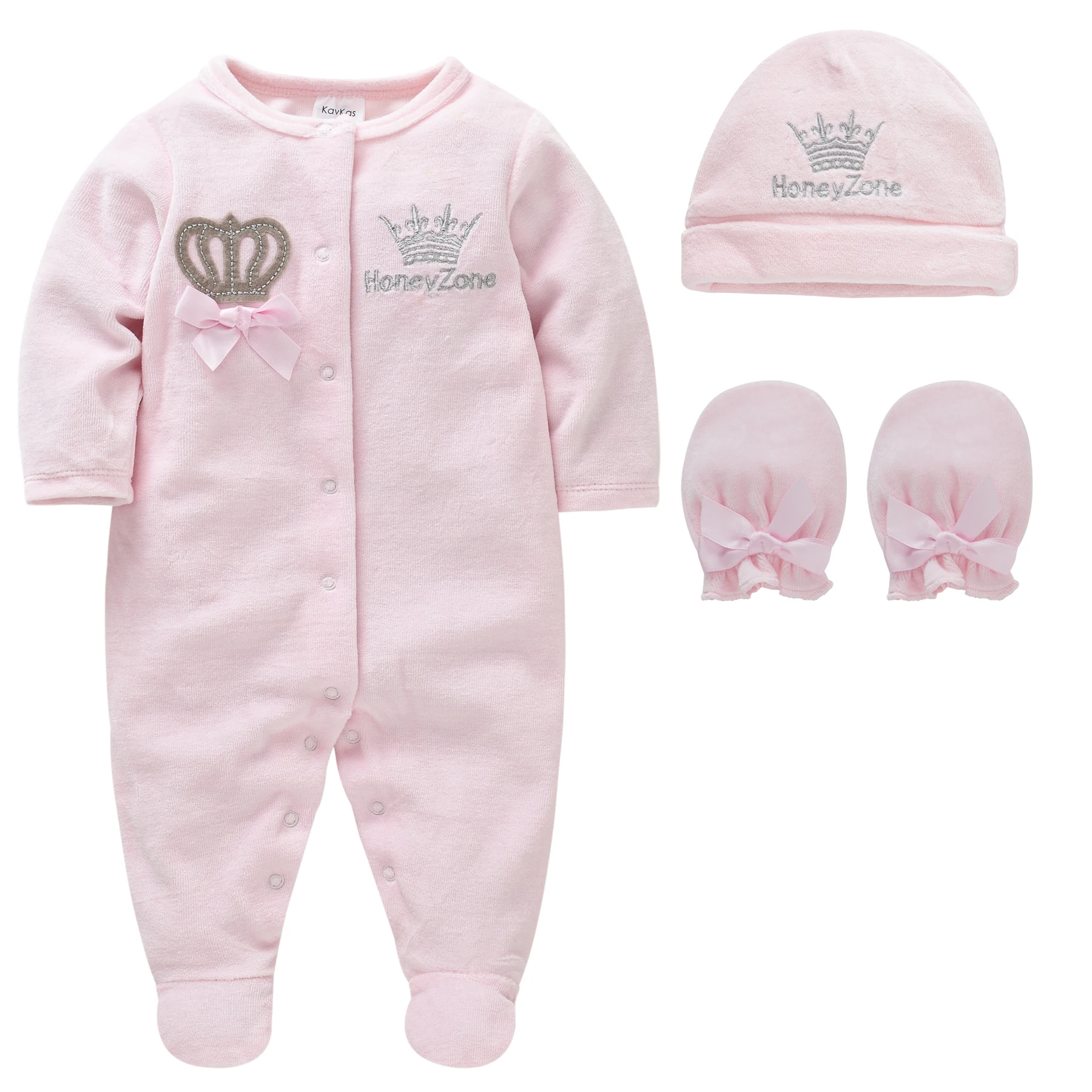 Hot Selling Velour Newborn 0-3 Months Clothes Hats Mittens Baby Girls Romper Set