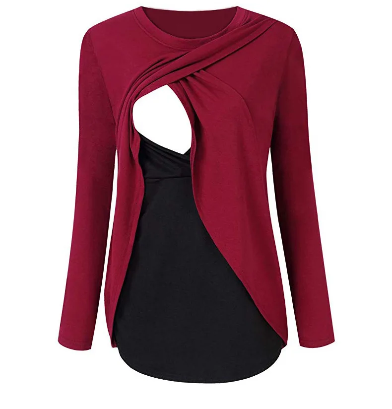 
2020 fashion maternity pregnant womens side pleated casual long sleeved breastfeeding top breast feeding pregnant T shirt blouse 