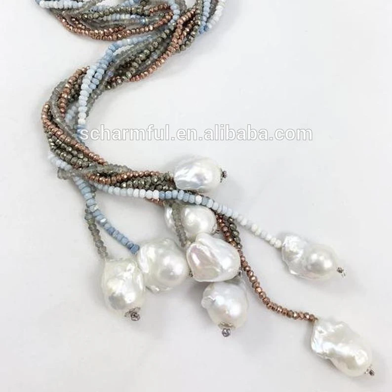 NS198208 Long Pyrite Beads And Stone Bead lariat Baroque Pearl Necklace