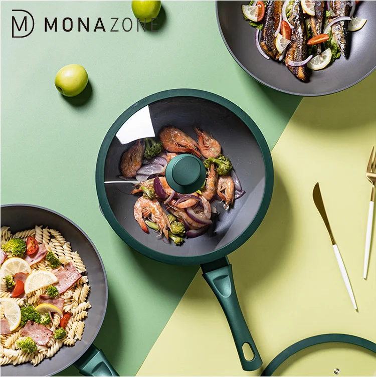
MONAZONE Woks Non-stick Wok Frying Pan with Handle Cover Kitchen Cookware 