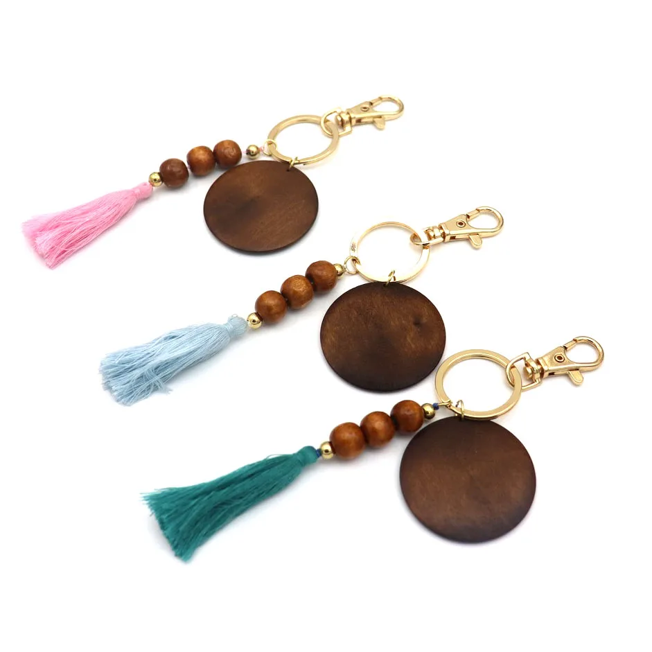 Personalized Disc Wooden Beads Tassel Keychains For Wholesale
