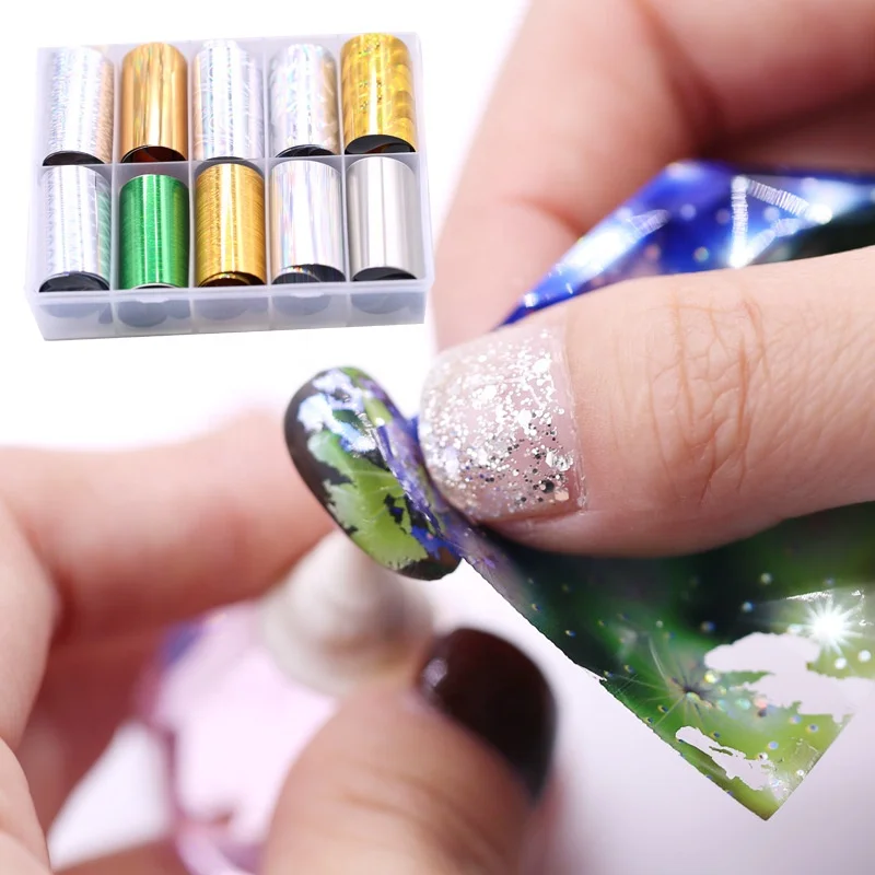 10 дизайнов/набор 4,0*100 см голографический ногтевое искусство, переводные наклейки фольги бумага Звездное AB цвета УФ гель для обертывания