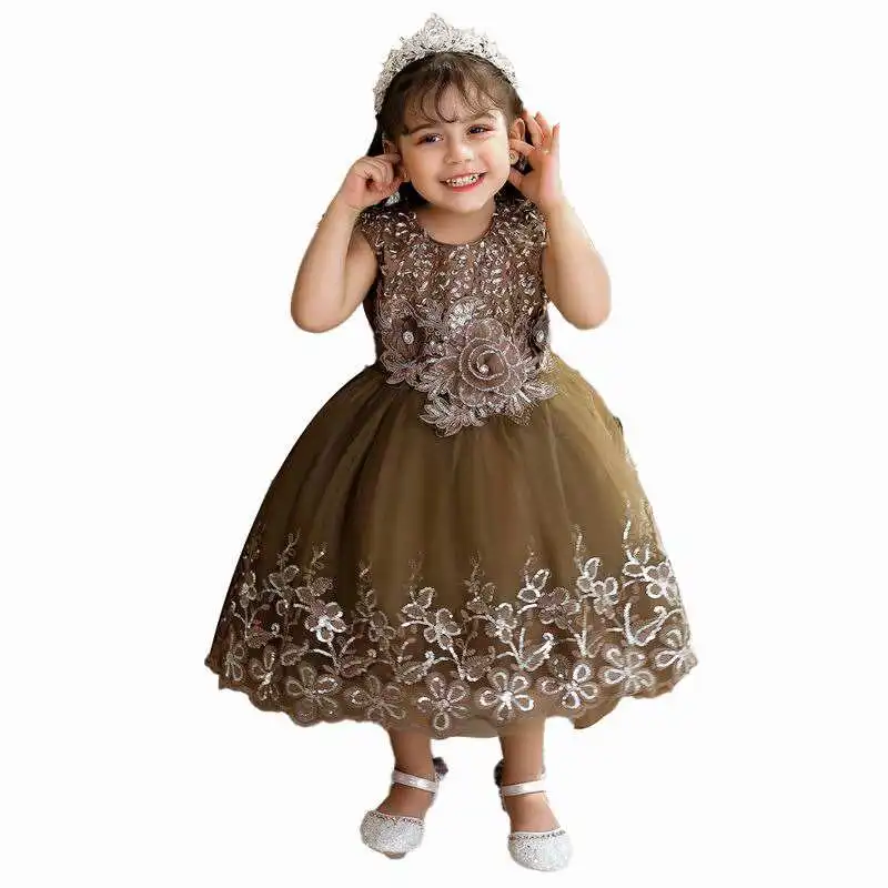 Kids Fancy Embroidery Flower Dress 0-5 Years Old Baby Girl Children Net Frock Design Stylish Wedding Party Dress For Kids