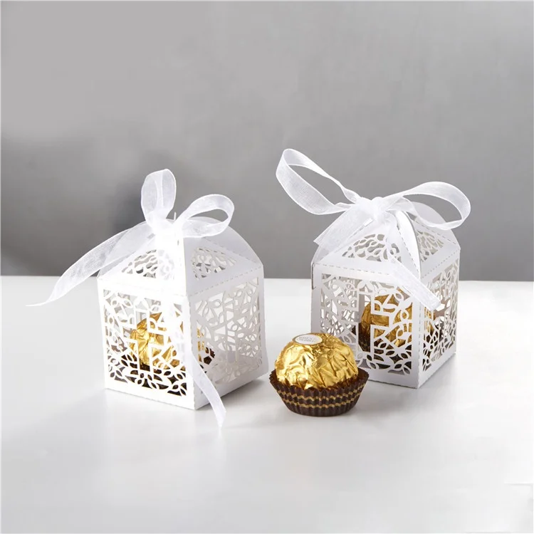 
Custom Logo Laser Cut Paper Wedding Favor Candy Box with Ribbon 