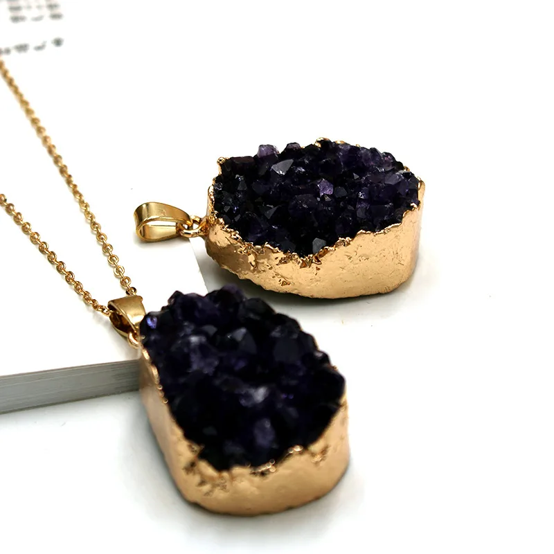 Raw Freeform Amethyst Druzy Irregular Stone Jewelry Pendant Dark Amethyst Quartz Crystal Tooth Plated Gilt Necklace Gold Pendant
