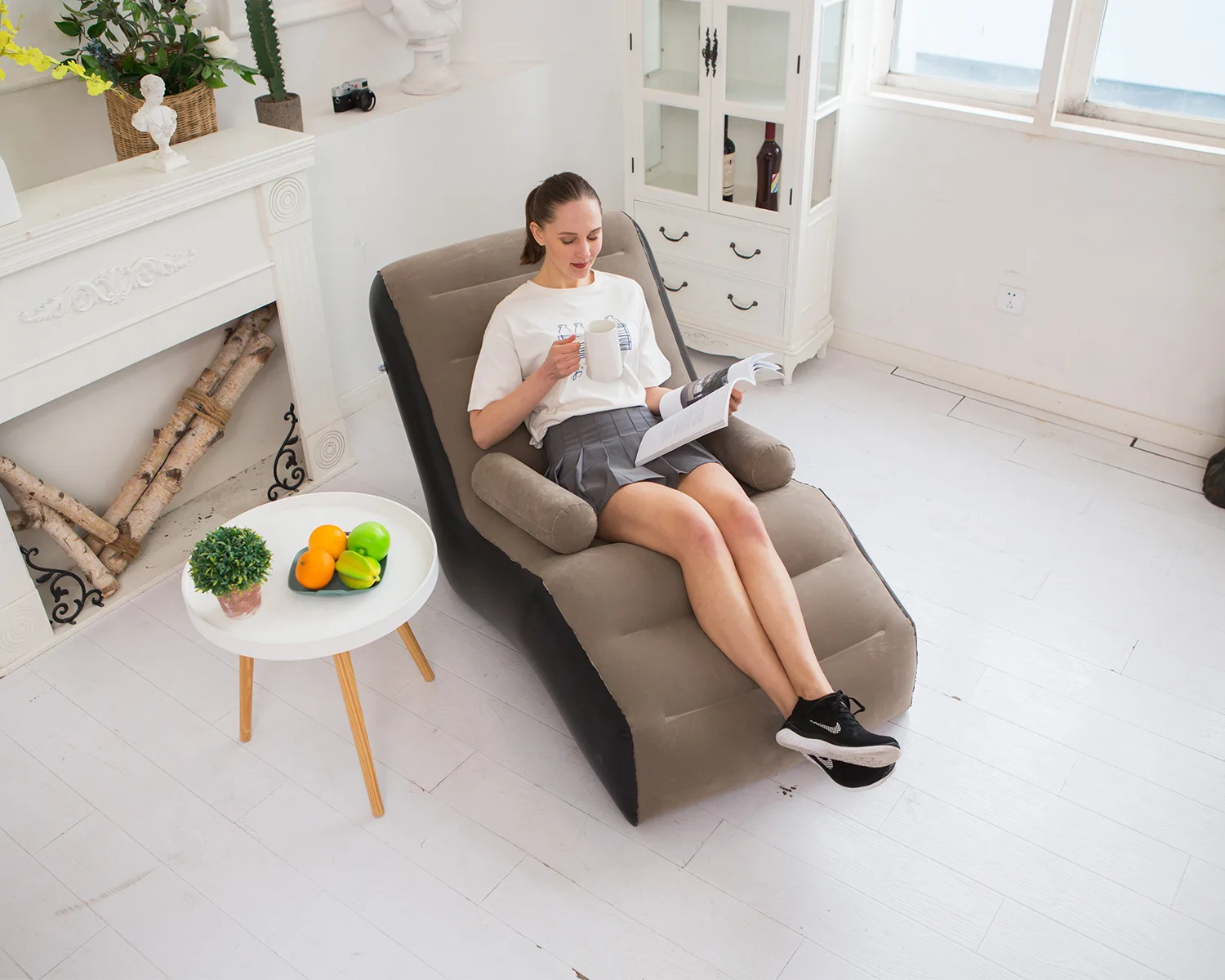 
S pvc flocked flocking inflatable bed sofa laybag chesterfield chair sex round air portable adult with arm soft air chair 