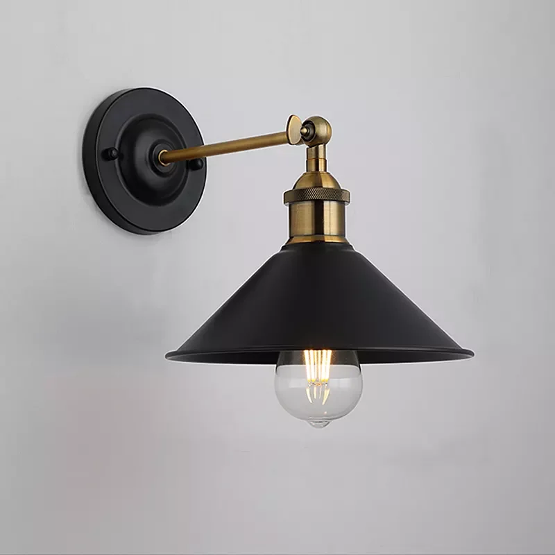 Single Head Adjustable Industrial Vintage Iron Cone Wall Light Retro Metal Antique Brass E27 American Style Wall Lamp