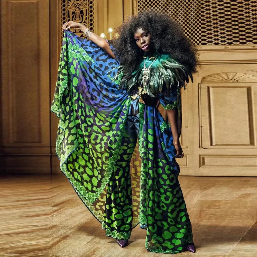 J&H 2023 new fashion moroccan kaftan vintage printed v neck loose chiffon maxi dress free size ladies abaya dresses