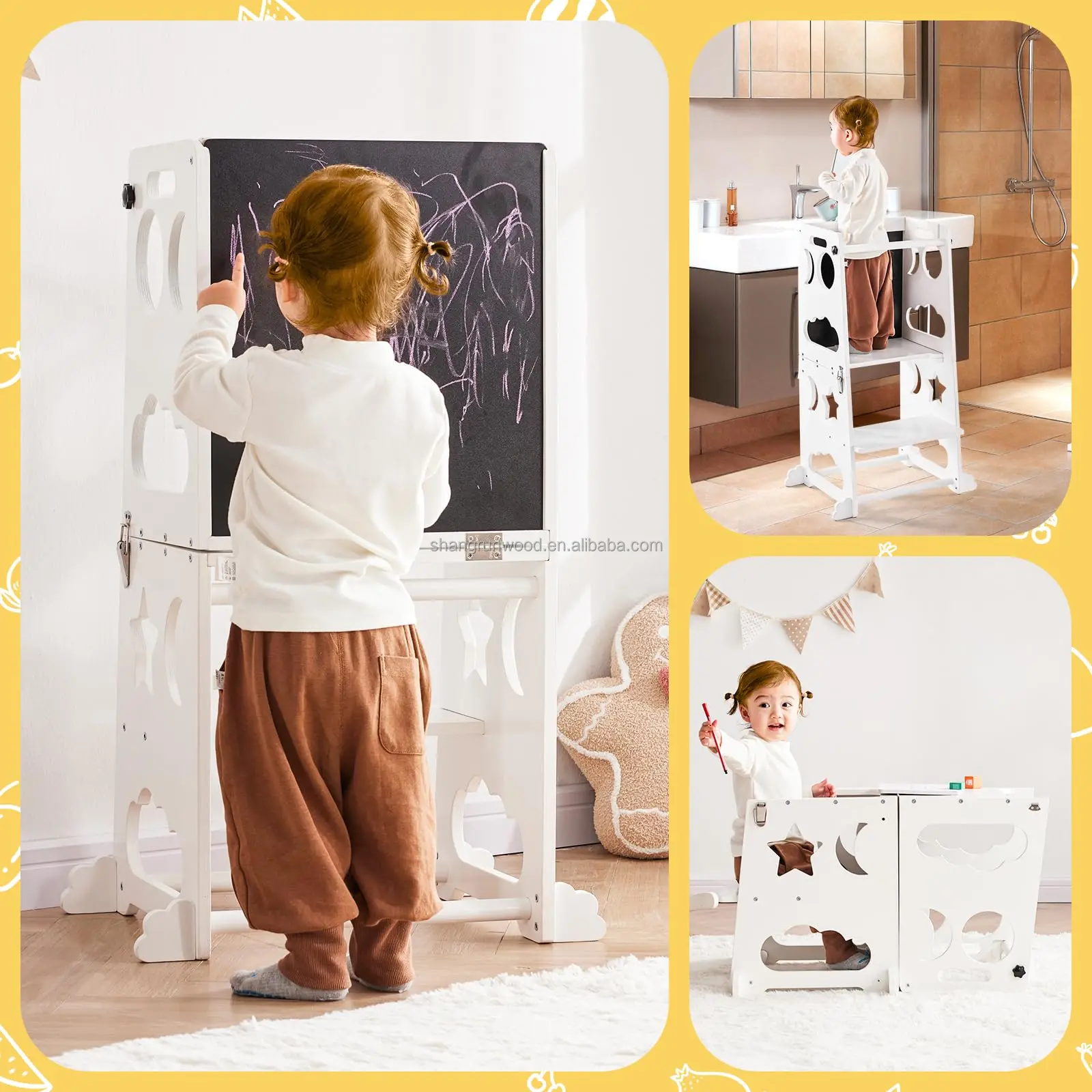 Wooden Kitchen Montessori Tower Step Stool Outdoor Camping Stool With Armchair Handle Wooden Learning Tower For Kids