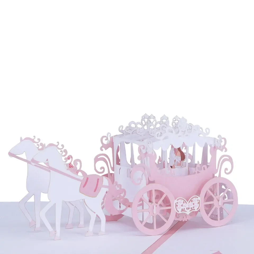 WInpsheng manufacturers hot sale luxurious laser cut 3d pink wedding carriage pop up greeting cards