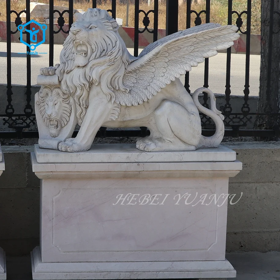 Large natural white marble stone lion statue for gate entrance