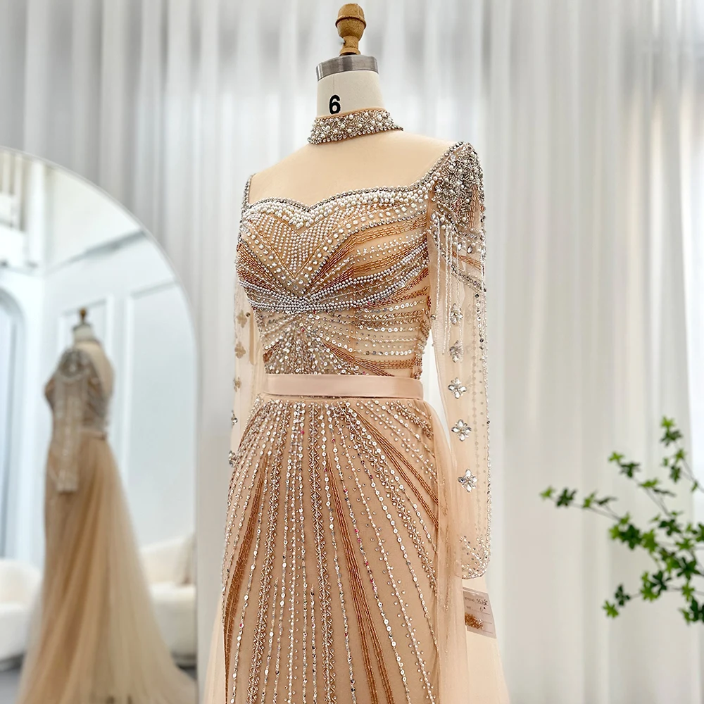 Scz008 Luxury Nude Tassel Mermaid Dubai Evening Dresses For Women Wedding Party 2023 Arabic Long Sleeve Formal Gowns