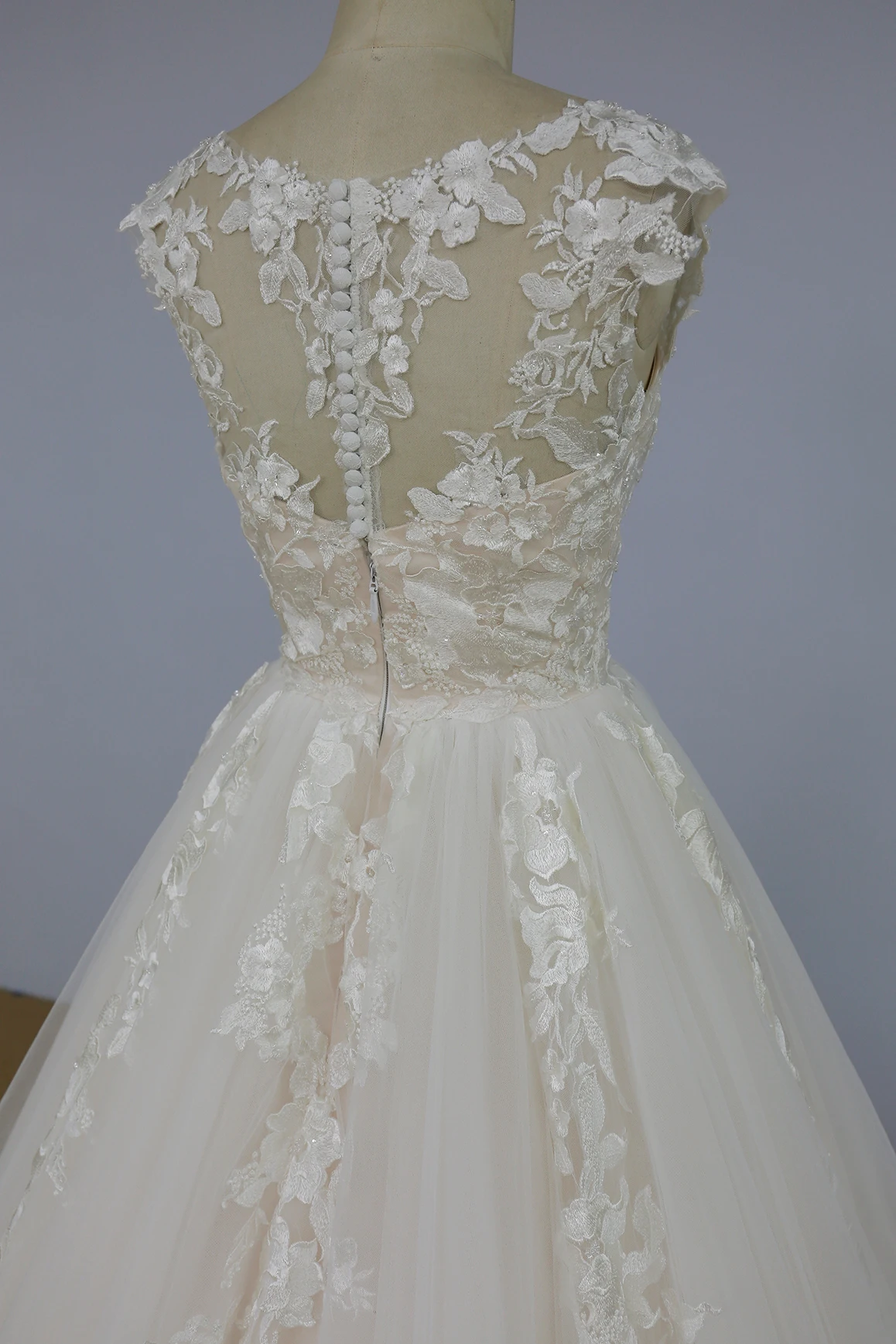 Soft pink bridal dress cap sleeves beaded lace wedding