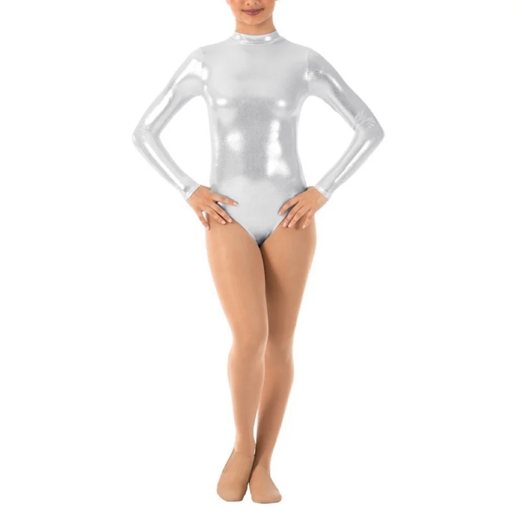 Nayaking Gymnastics Turtleneck Long Sleeve Metal Bodysuit Stretchy Shiny Leotards Tops Zipper Closure Soft Jumpsuit Kids Women