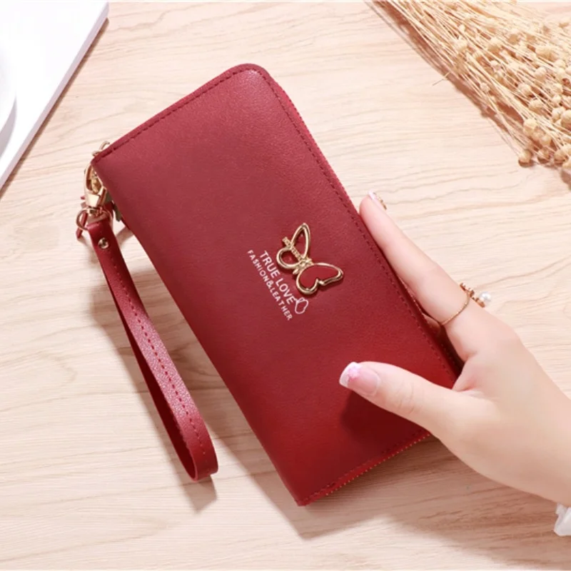 Pink PU Leather Trend Exquisite Butterfly Pattern Wallet Handle Long Money Pouch Card Holders Purse carteras para la playa