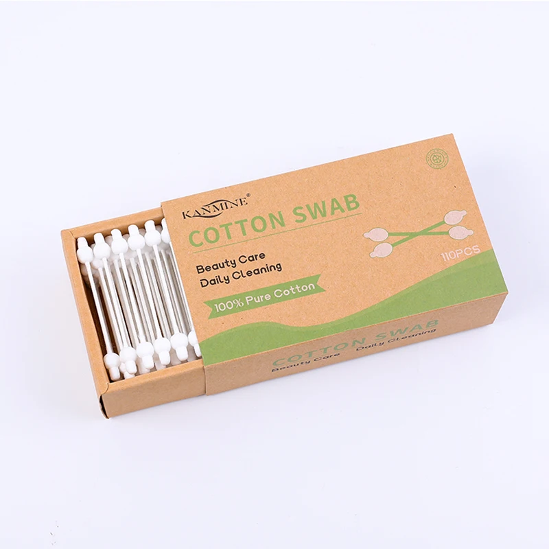 Eco-friendly Biodegradable Cleaning Organic 110Pcs Baby Gourd Head Paper Stick Cotton Bud With Kraft Box Package