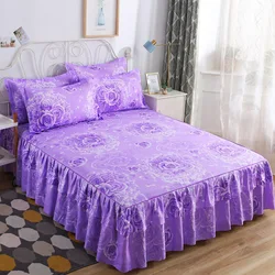 Bed Skirts Set Double Layer Bedspread Floral Printed Bed sheet Bilateral Bed Skirt + 1 Pair Of Pillowcase bedsheets