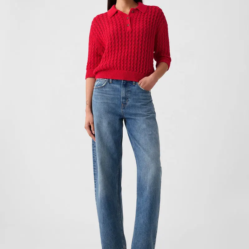 Custom Fall Knitwear Cable Knit Mid Sleeve Sweater Circle Neck Woman Texture Twisted Knit Sweater