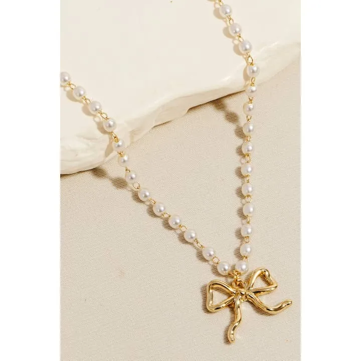 Nice Design Metal bowknot Charms Pearl Chain Ribbon Bow Pendant Necklace