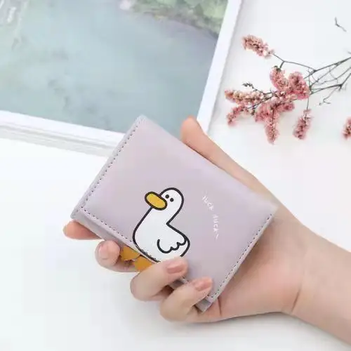 Multi-slot Three Fold Pack Luck Duck Short PU Wallet Lady Kids Cute Duck Printed Coin Purse with Magnet
