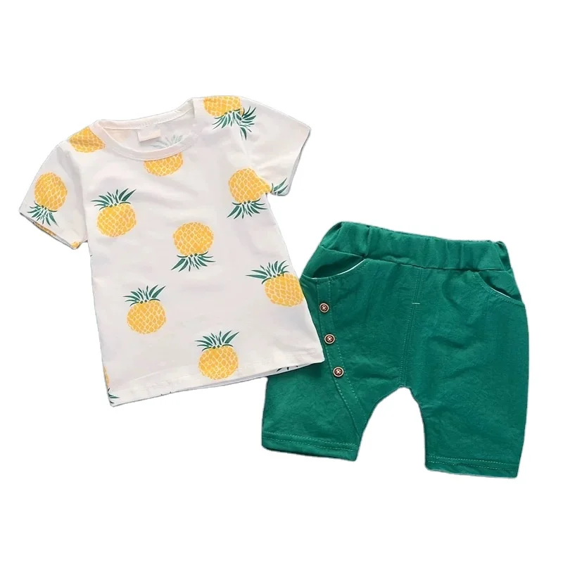 Children white pineapple pattern short sleeve shirt and green pants can be customized in size