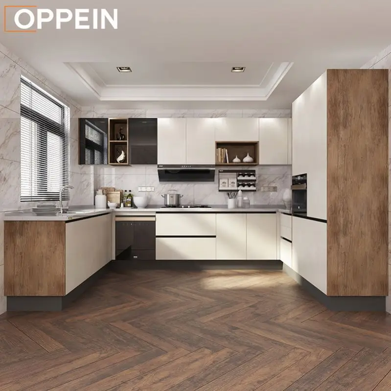 OPPEIN Custom Kitchen Full Set Furniture Cabinet Set Grey White Prefabricated Plywood Pvc Kitchen Cabinets