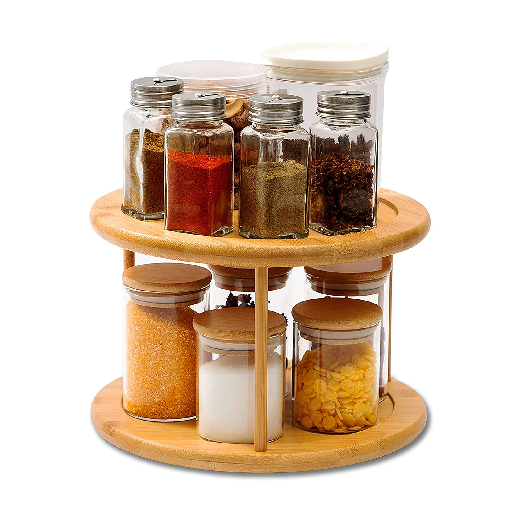 2-Tier Bamboo Lazy Susan Turntable 10 Inch 360 Degree Rotating Cabinet Organizer for Kitchen Pantry Countertop Snack Spice Rack