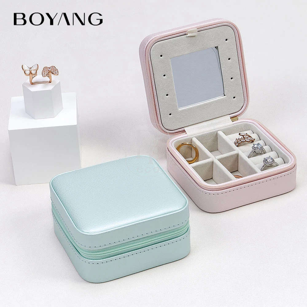 Boyang Custom Luxury Portable Jewelry Storage Case PU Leather Small Travel Jewelry Boxes with Mirror