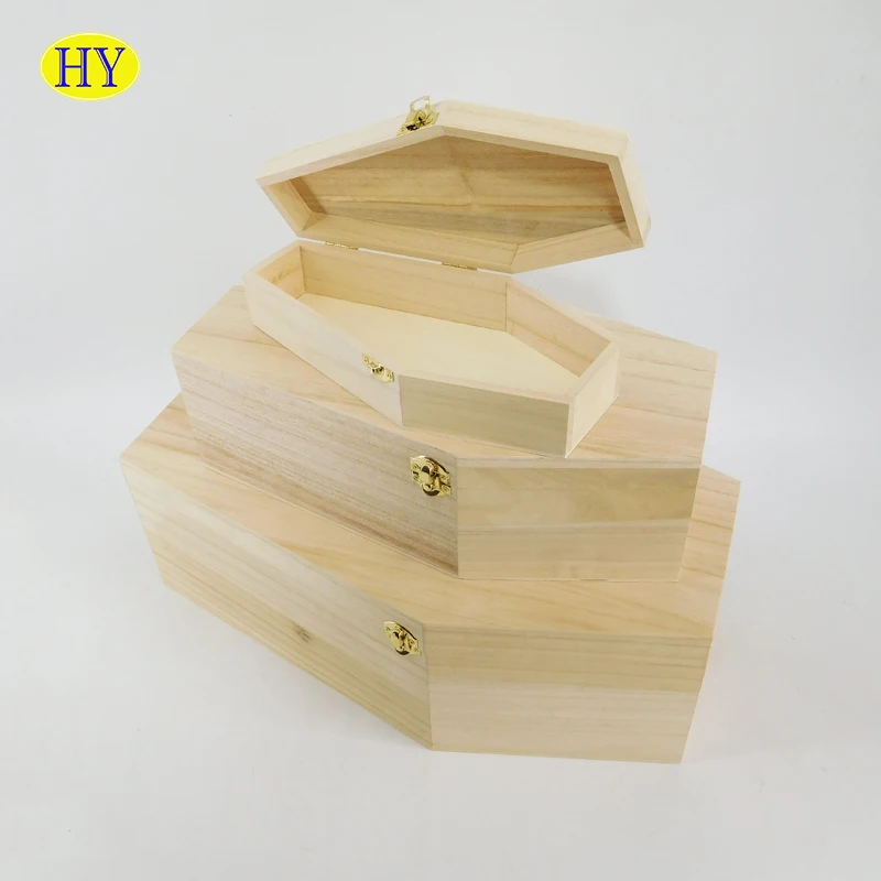 custom cheap natural unfinished solid wood coffin box with hinged lid for pets wholesale