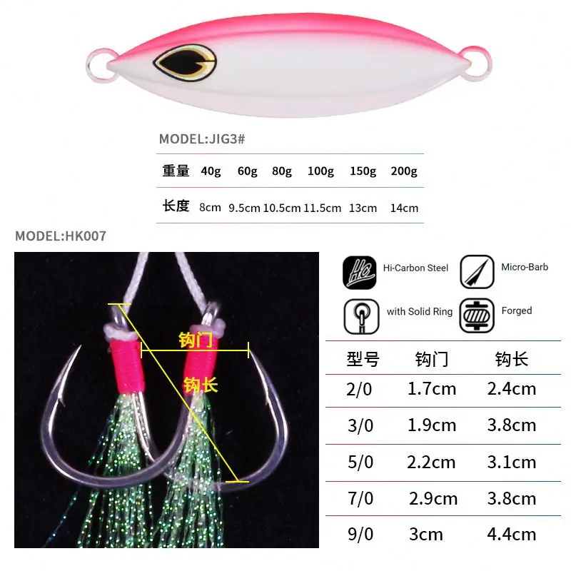 Оптовая продажа 6 размеров 40-200 г 80-140 мм светящаяся медленно Тонущая железная пластина свинцовая рыба подвесной двойной крючок приманка для джиггинга