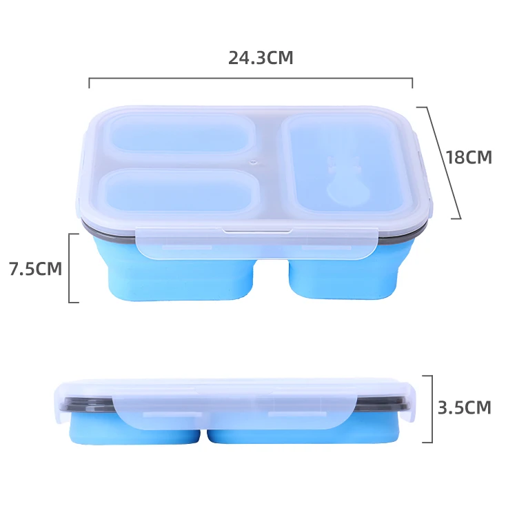 Hot Selling 3 Compartment Collapsible Food Storage & Containers Sealed Microwavable Foldable Silicone Bento Lunch Boxes for Kids