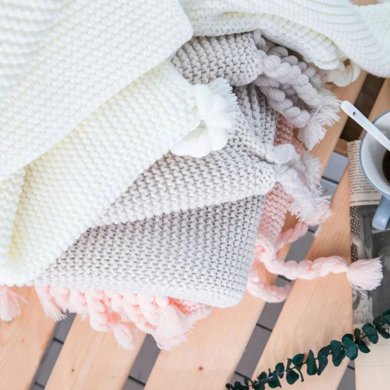 New Nordic style 100% cotton Knitted Bed Blanket Home Soft Cover Hotel Tassel Knitted Throw Blanket