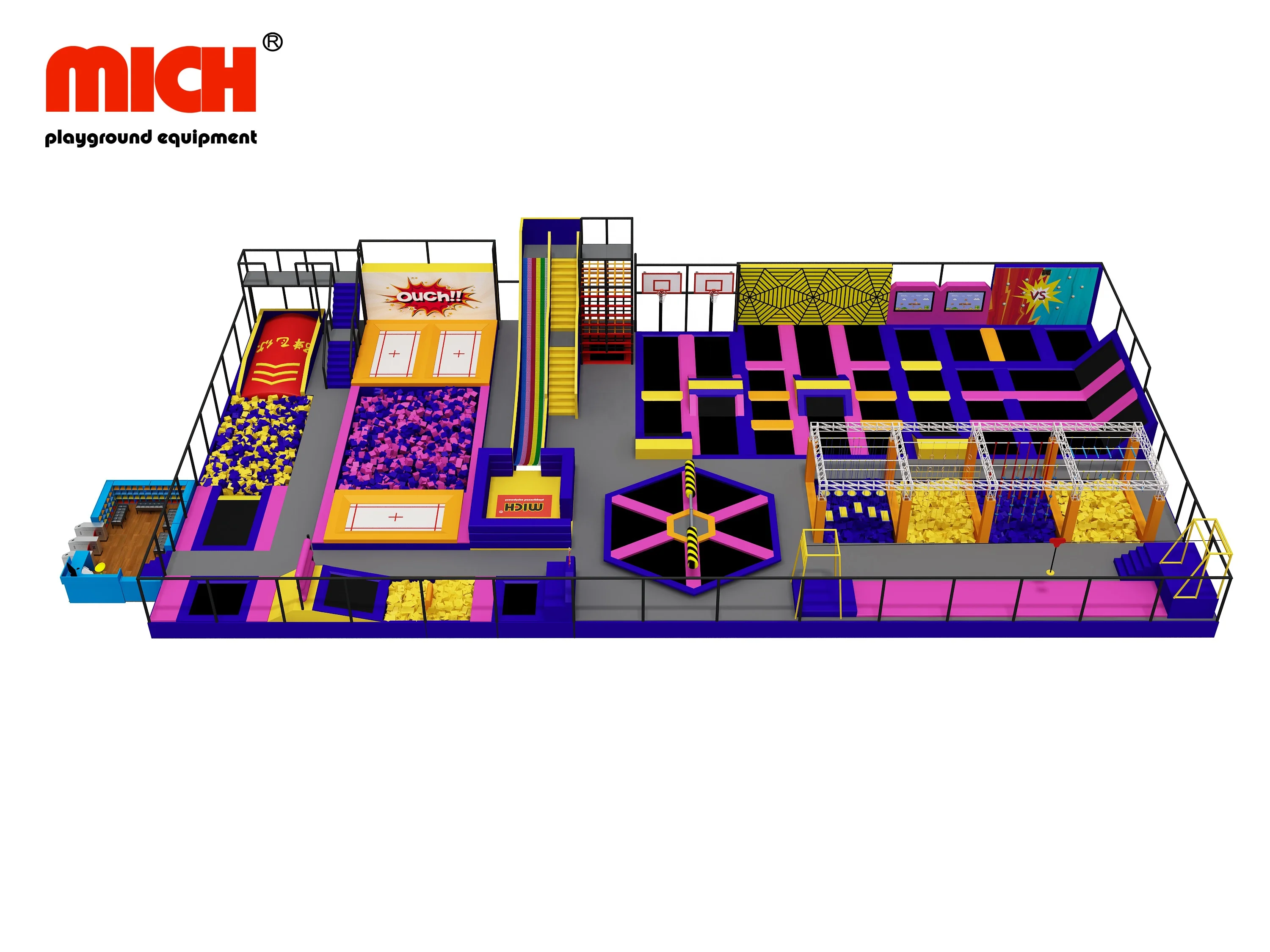 Mich Customized Commercial Indoor Trampoline Park with Foam Pit, Inflatable Bag, Zipline, Ninja Warrior, Interactive Screen Game