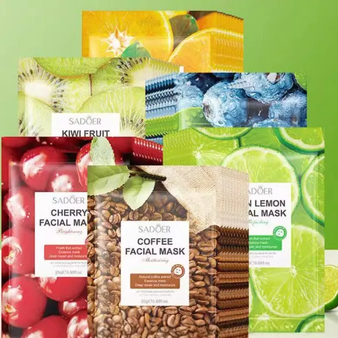 SADOER Korean Skin Care Facial Mask Green Lemon Kiwi Fruit Cherry Blueberry Coffee Vitamin C Whitening Moisturizing Face Mask