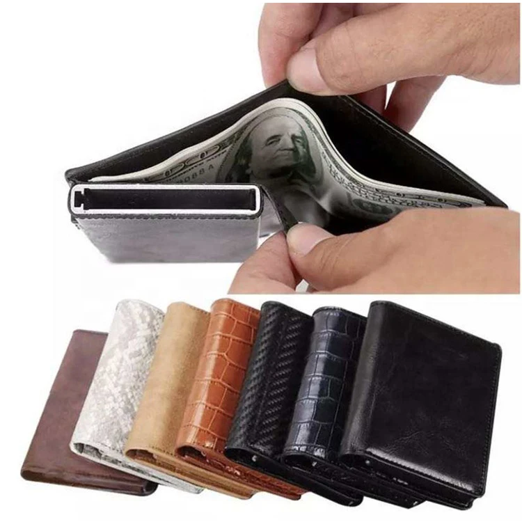 RFID Blocking Leather Push Button Aluminium Credit Card Holder Wallet
