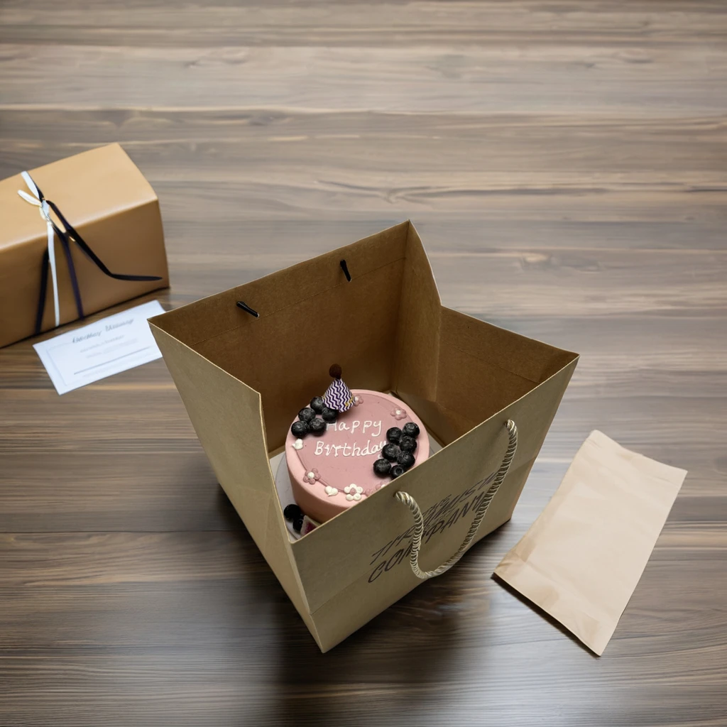 wholesale Eco-friendly kraft paper bags custom logo food packaging cake carry bags with handle