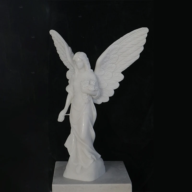 Figurines Hand Carved Sculpture Outdoor Marble Angel with Wings Statues Garden White Marble Angel